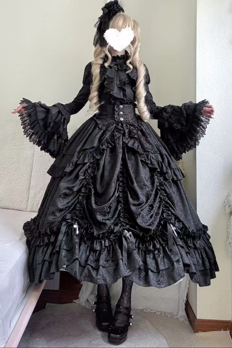 [pre-order Deadline: March 31] Cross Nocturne Gothic Dark Stripe Layered Top + Cross Rose Stripe Pull Up Skirt