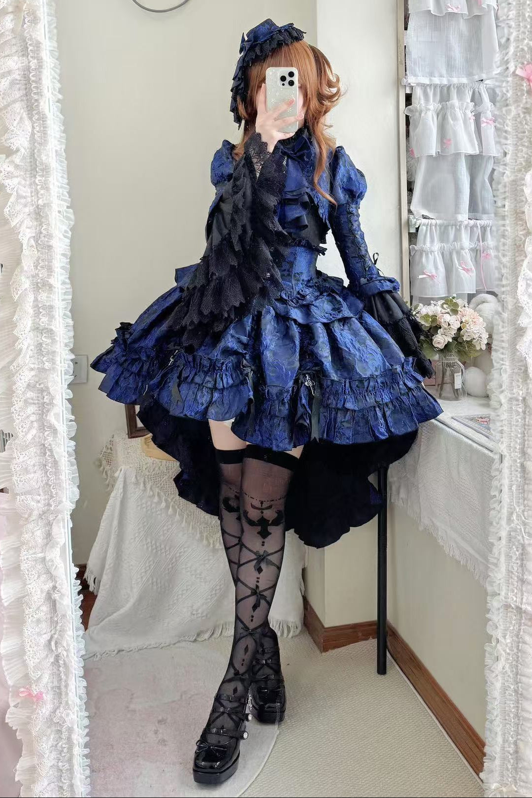 [pre-order Deadline: March 31] Cross Nocturne Gothic Dark Stripe Layered Top + Cross Rose Stripe Pull Up Skirt