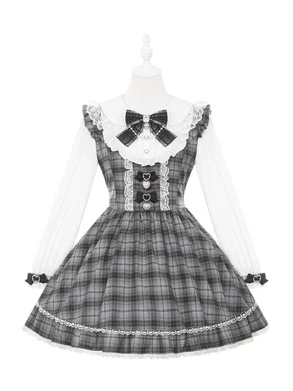 Sweet Girly Gray Plaid Ribbon Dress