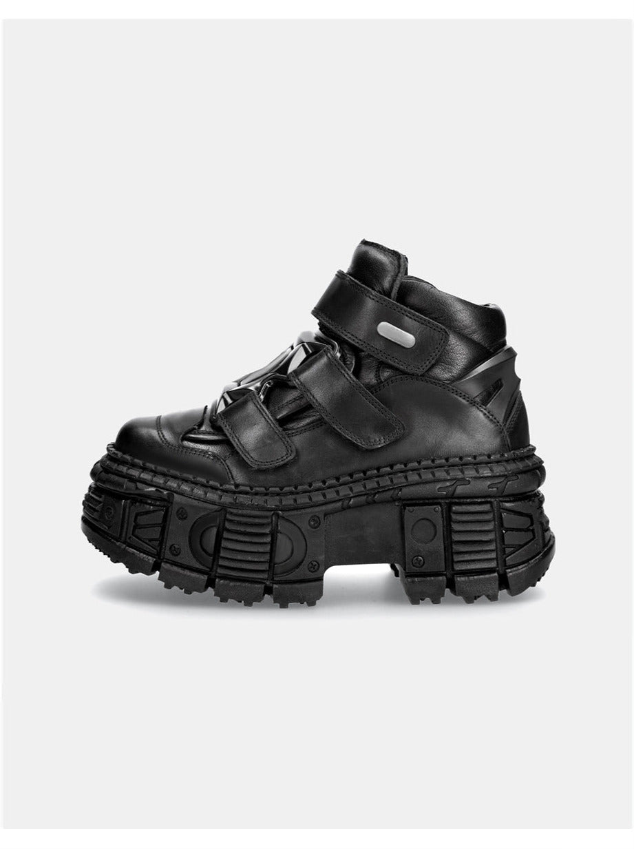 Dark Punk Style Platform Leather Metal High-top Shoes [plain/chain Nut]