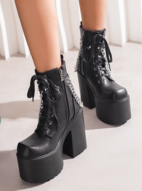 Gothic Rivet Chain High Heel Short Ankle Boots