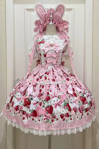[pre-order Deadline: April 29] Strawberry Rabbit Ear Ribbon Shirt + Ruffled Shoulder Lace Ribbon Jk School Uniform Dress + Full Set/complete Set