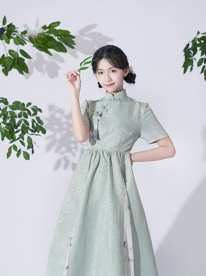 Retro Buckle Stand Collar High Waist Chinese-style Dress