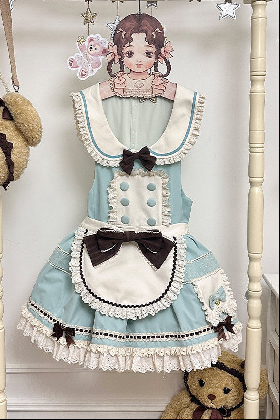 [pre-order Item]chocolate Mint Sailor Collar Girly Maid Dress + Cake Hat