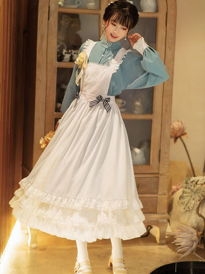 Stand Collar Double-breasted Coat Lace Apron Overskirt Set