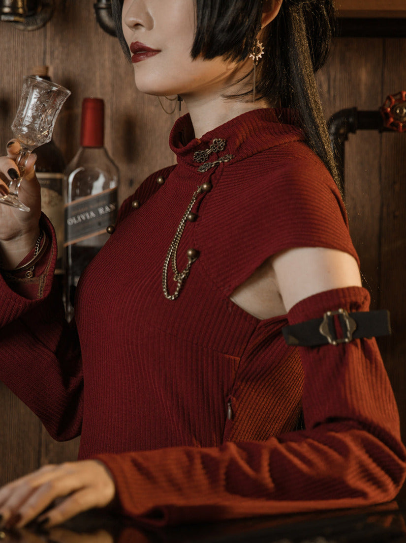 Retro Wine Red Black Oriental Chinese-style Trumpet Sleeve Long Dress