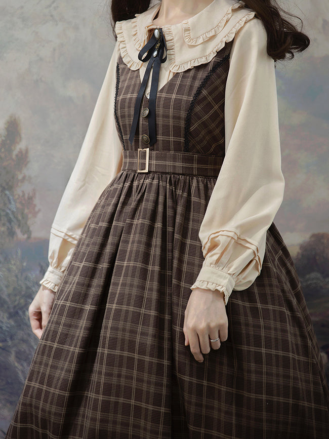 Forest Brown Plaid Belt V Neck Dress