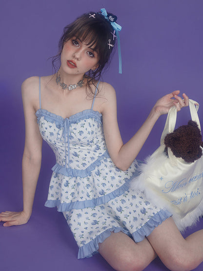 Pure Desire Blue Rose Tiered Suspender Dress + Short Pants