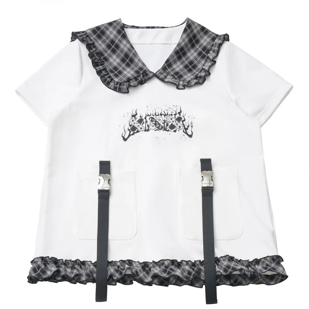 Lapel Checkered Collar Top + Skirt + Pants + Leg Warmers