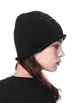 Dark Cross Leather Layered Knit Beanie