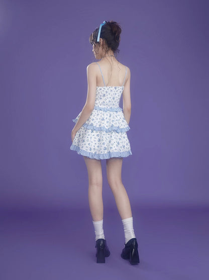 Pure Desire Blue Rose Tiered Suspender Dress + Short Pants