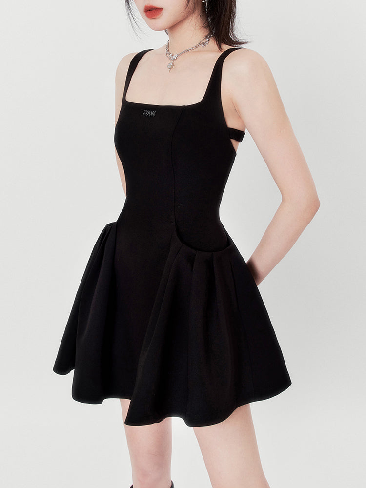 Hot Girl Black & Gray Square Neck French High End Suspender Dress