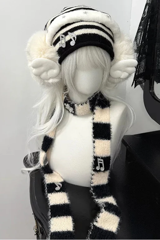 Striped Knit Hat + Ear Muffs + Scarf