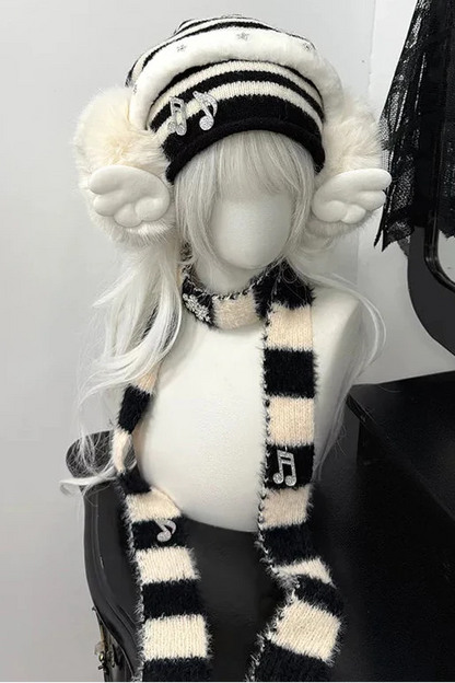 Striped Knit Hat + Ear Muffs + Scarf
