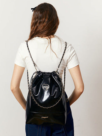 Cool Metal Heart Soft Leather Drawstring Bag