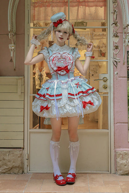 [pre-order Deadline: April 3] Twin Tiered Lolita Dot Ribbon Striped Dress + Flower Bud Skirt Dress