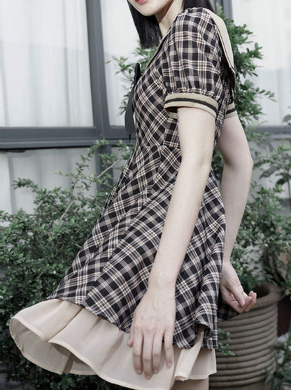 Plaid Bow Sailor Layered Dress