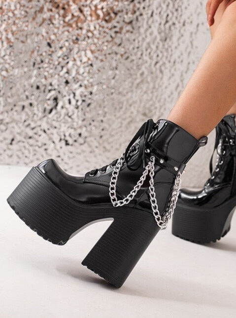 Gothic Rivet Chain High Heel Short Ankle Boots