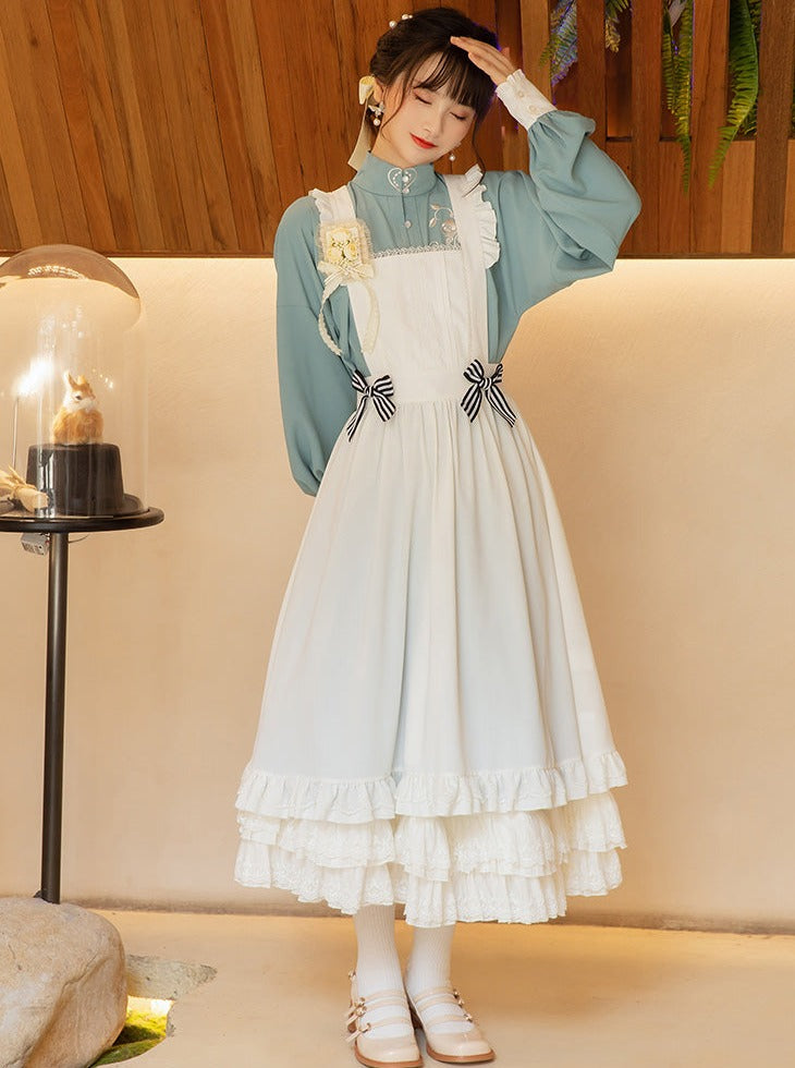 Stand Collar Double-breasted Coat Lace Apron Overskirt Set