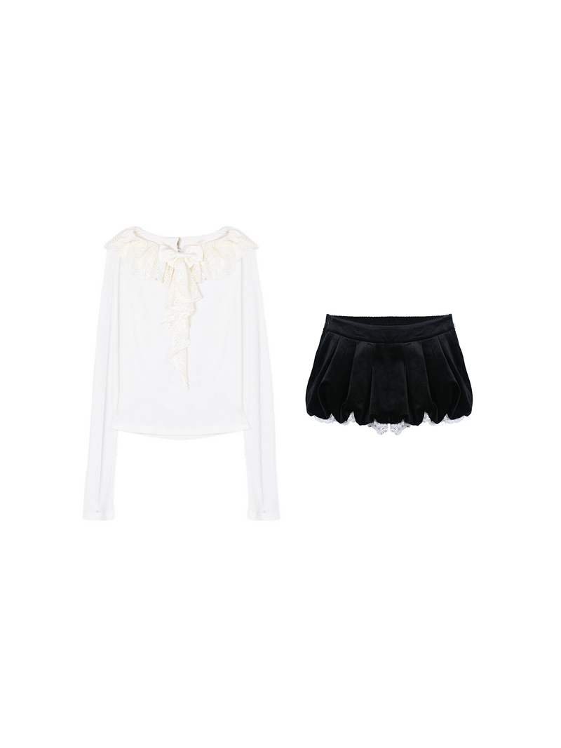 Lace Ruffle Coat + Top + Pants