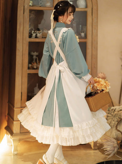 Stand Collar Double-breasted Coat Lace Apron Overskirt Set