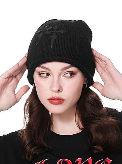 Dark Cross Leather Layered Knit Beanie