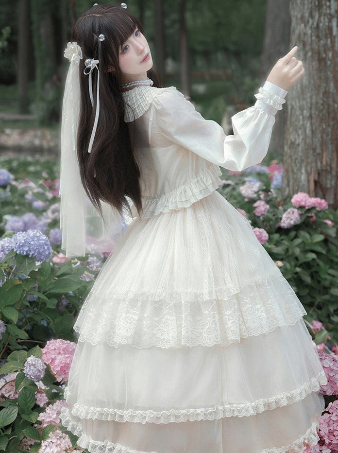 [pre-order] Pure White Girly Lolita Dress + Cardigan + Inner Top + Veil + Sleeves