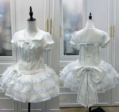 [pre-order] Sea Salt Rabbit Aqua Sailor Dress Set + Headband + Ribbon Headband
