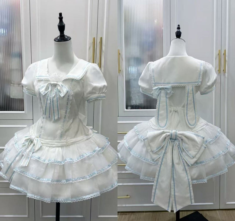 [pre-order] Sea Salt Rabbit Aqua Sailor Dress Set + Headband + Ribbon Headband