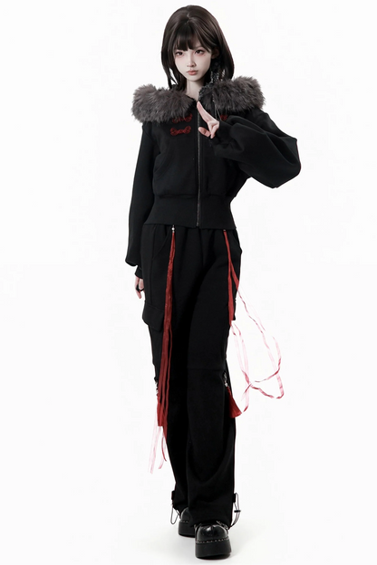 Dark Detachable Fur Jacket + Skirt + Pants