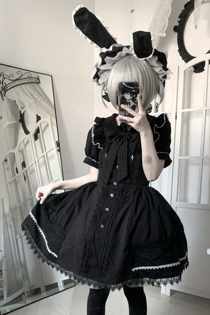 Gothic Doll Striped Lolita Dress + Sleeves