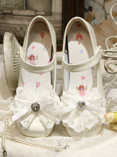 Lolita French Lace Ribbon Square Toe Love Heel Shoes