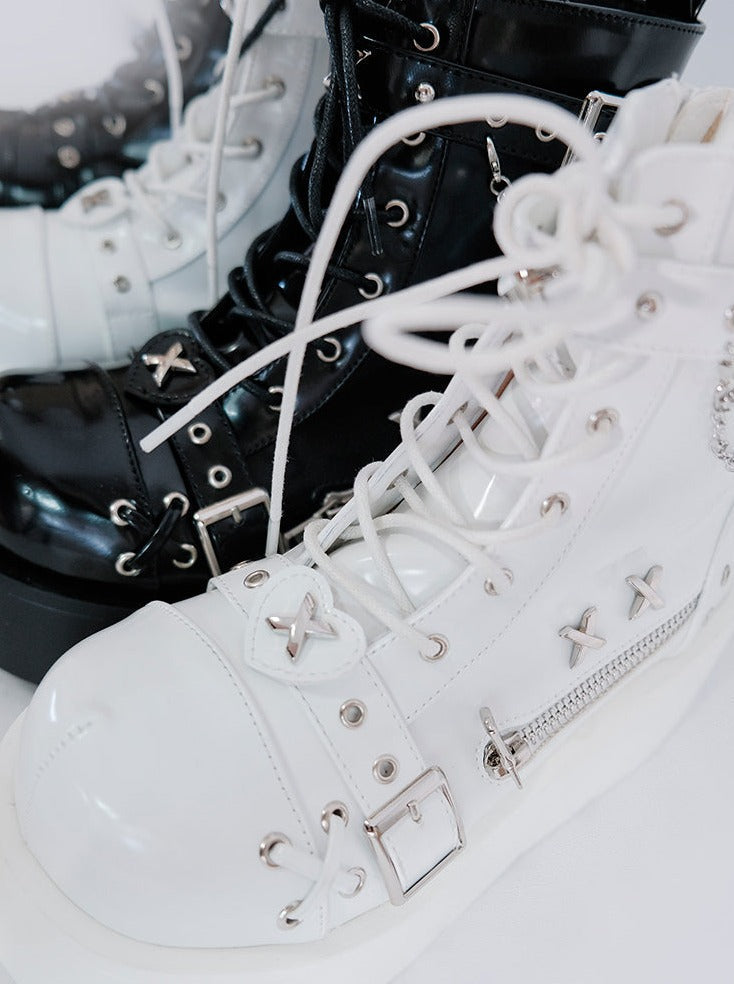Punk Round Toe Platform Star Chain Design Boots