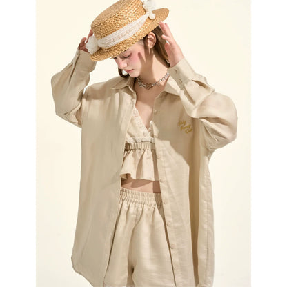 Pastille Style Khaki Lace Camisole + Shirt + Shorts