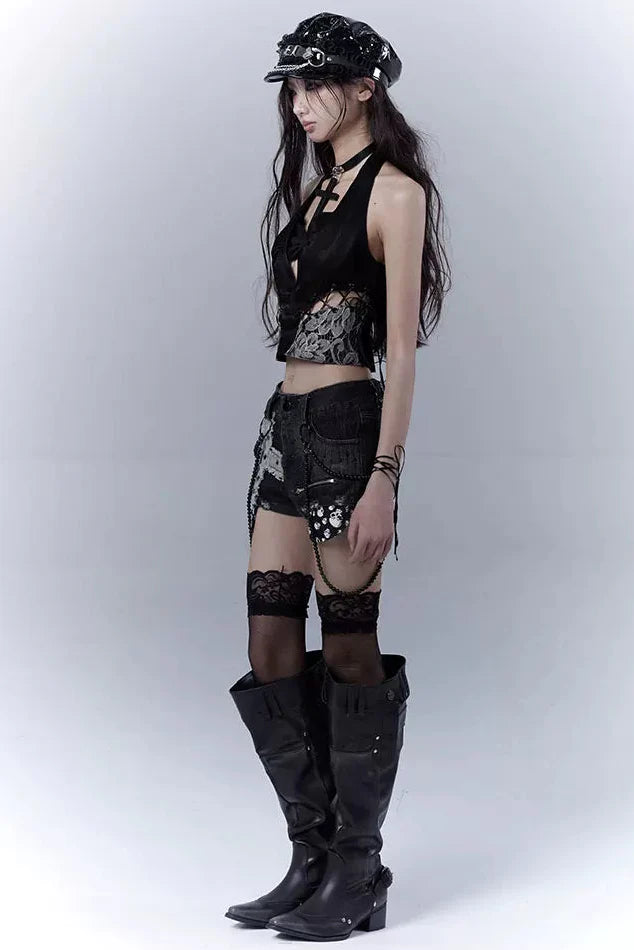 Dark Lace Patchwork Leather Camisole