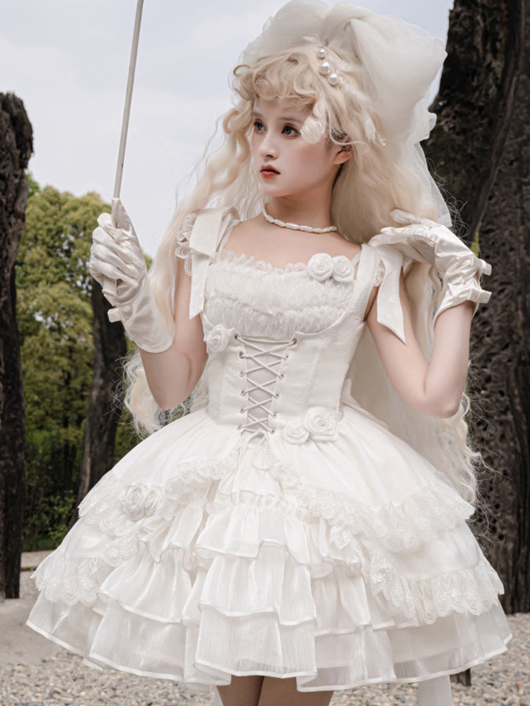 Lolita Wedding Rose Lace-up Tiered Bustier & Suspender Dress Set