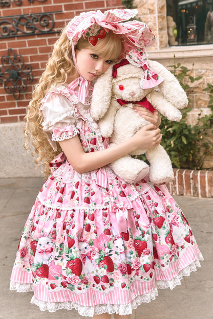 [pre-order Deadline: April 29] Strawberry Rabbit Ear Ribbon Shirt + Ruffled Shoulder Lace Ribbon Jk School Uniform Dress + Full Set/complete Set
