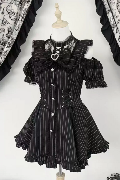 Black / Striped Gothic Lace Ribbon Dress Set