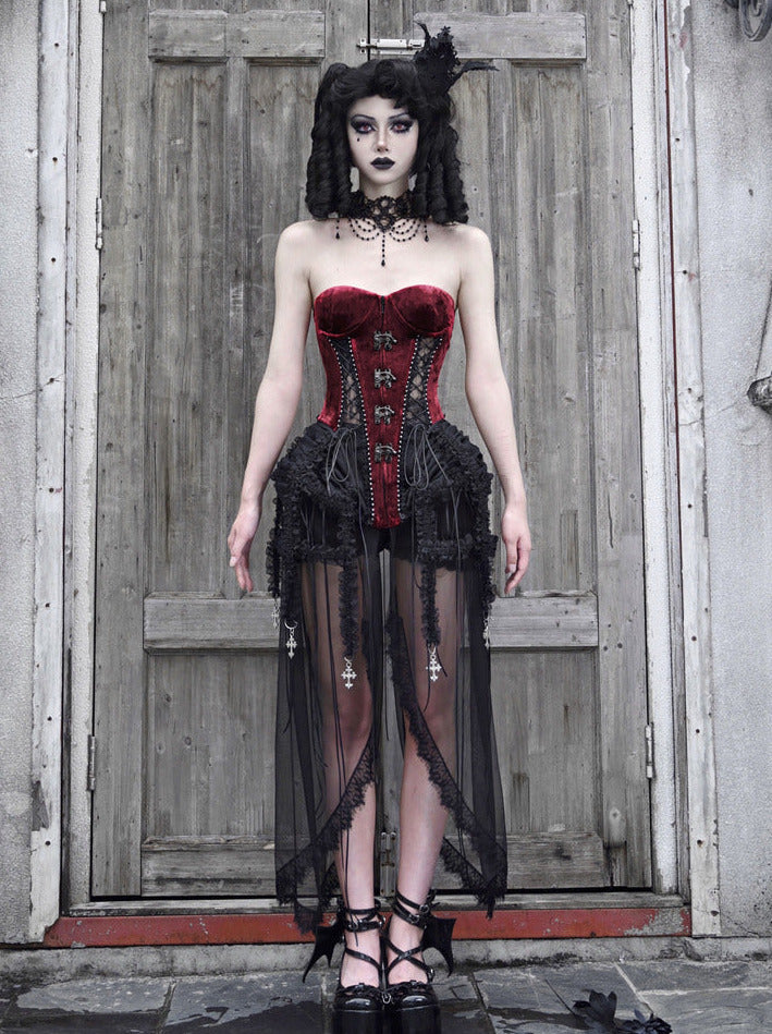 Hell Alice Gothic Dark Fishbone Strap Corset Tulle Dress Set