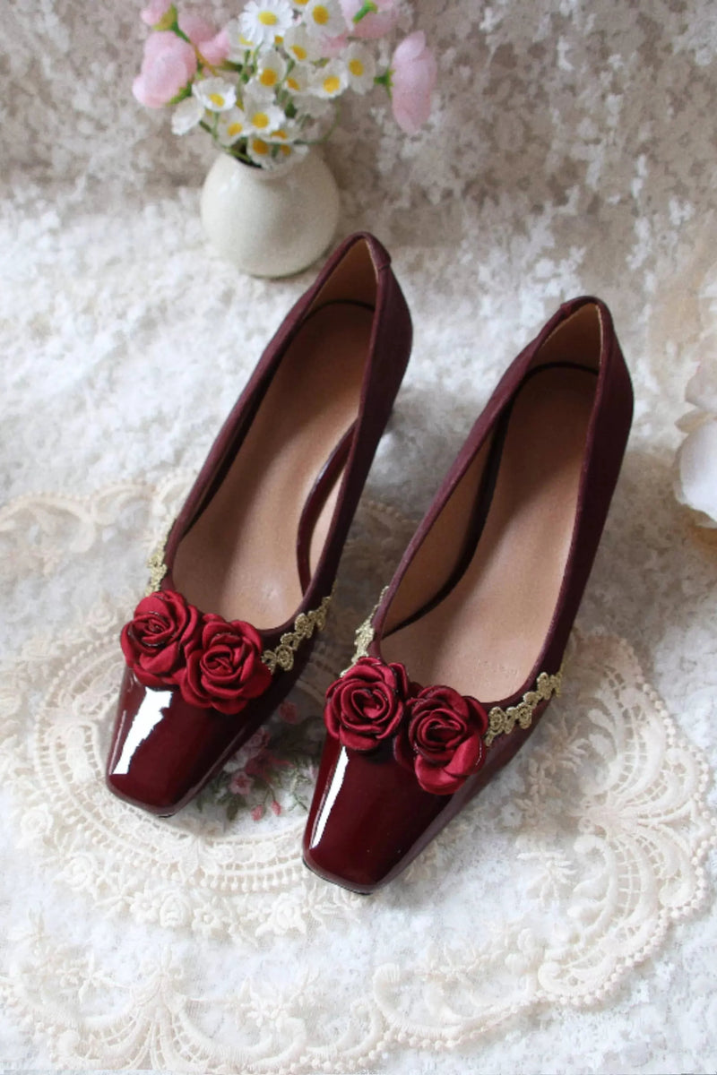 Retro Square Toe French Leather Stitch Flat Heel