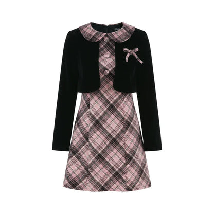 French Retro Plaid Doll Collar Dress