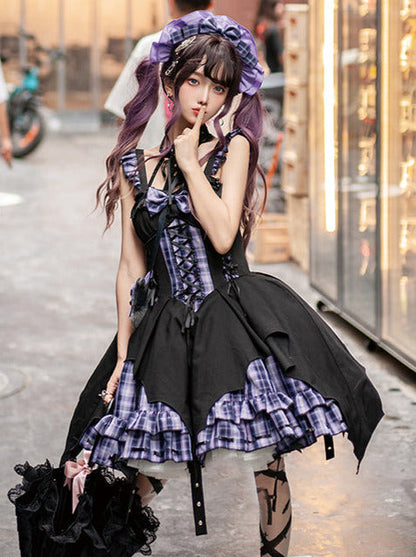 Punk Rock Halterneck Irregular Plaid Suspender Dress + Head Accessories