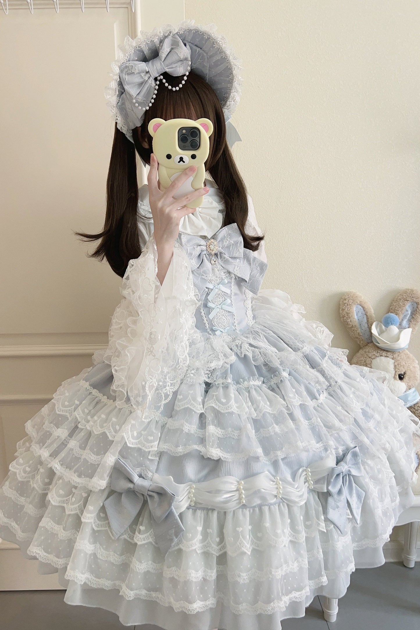 [pre-order] White Sugar Doll Princess Sleeve Suspender Dress Suit + Bonnet Hat