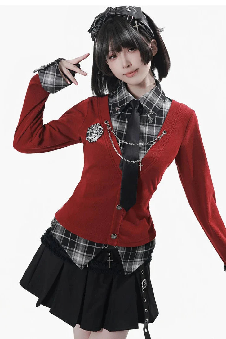 Checkered Top + Skirt + Tie