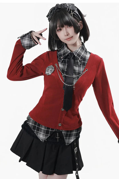 Checkered Top + Skirt + Tie