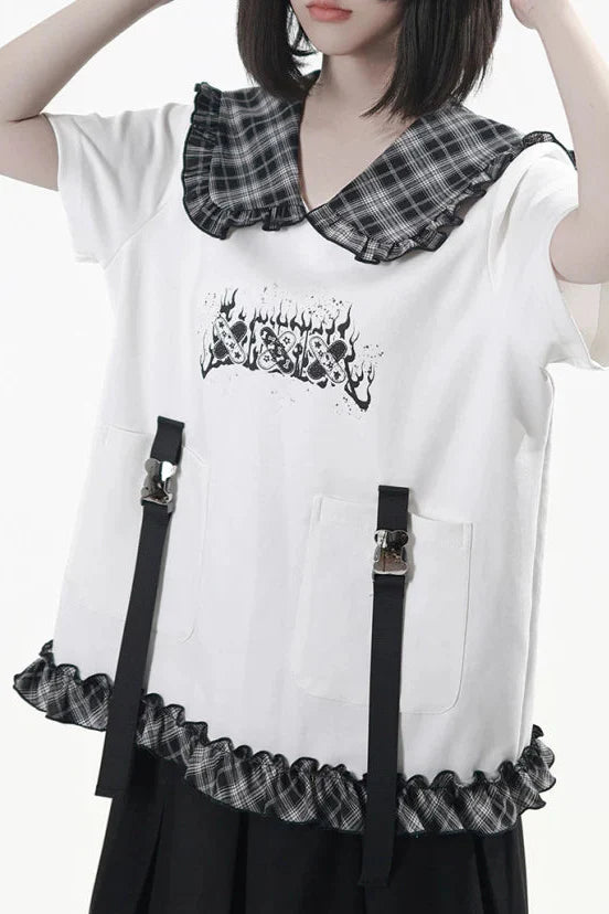 Lapel Checkered Collar Top + Skirt + Pants + Leg Warmers