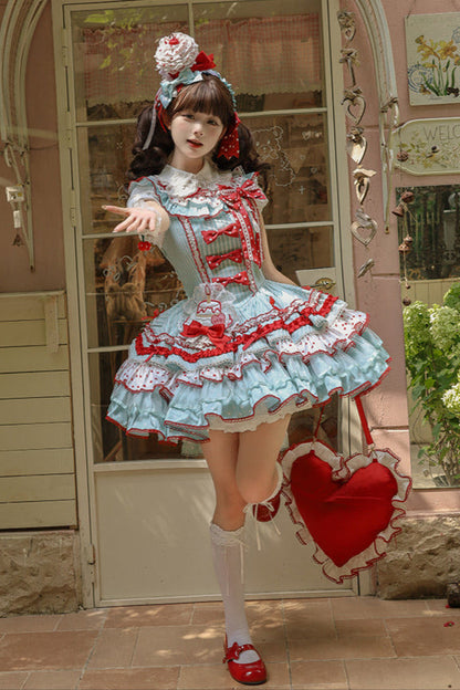 [pre-order Deadline: April 3] Twin Tiered Lolita Dot Ribbon Striped Dress + Flower Bud Skirt Dress