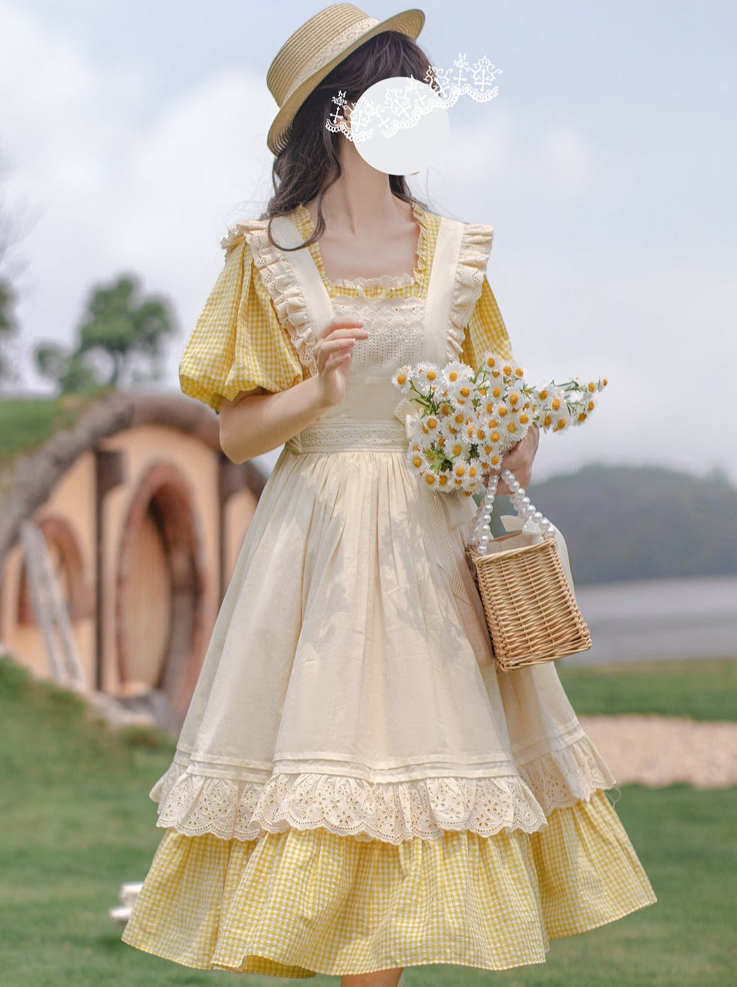 [pre-order] Retro Girly Yellow Dress + Apron + Ribbon