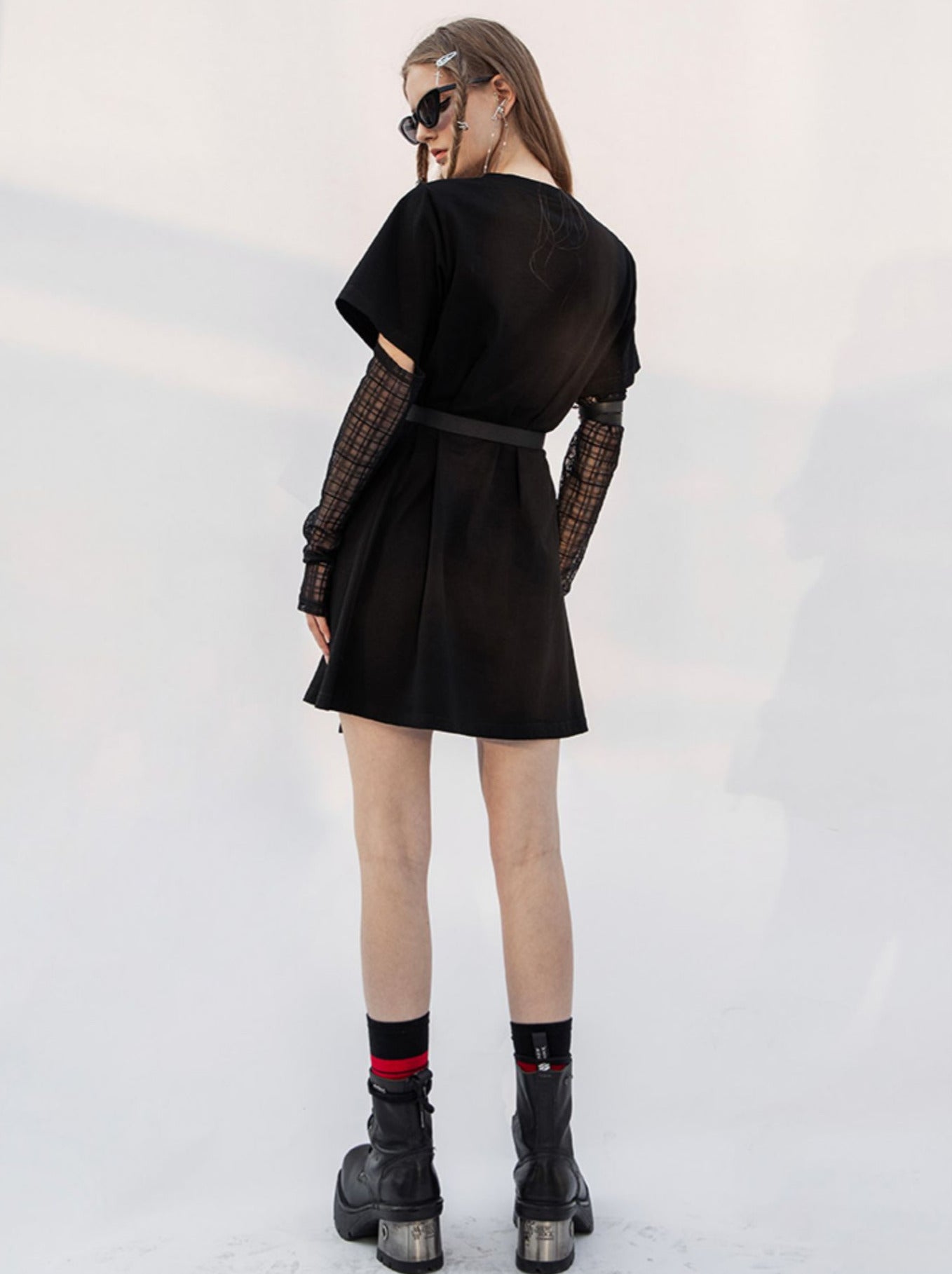 Sheer Long Sleeve Buckle Belt Dress-t