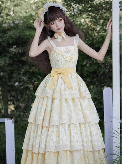 Pastoral Lily Embroidery Print Ruffle Strap Tiered Shawl Dress [pre-order]